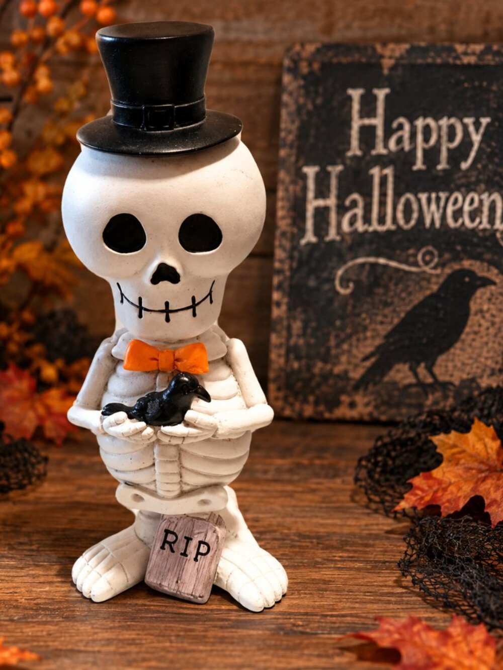 Cynthia Rowley Curious Skeleton Bobblehead Halloween Figurine Top Hat Crow RIP